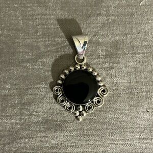 Vintage Sterling Silver/ Large Round Black Onyx Pendant